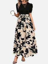 Women’s Floral Midi Dress – Puff Sleeve Belted Waist