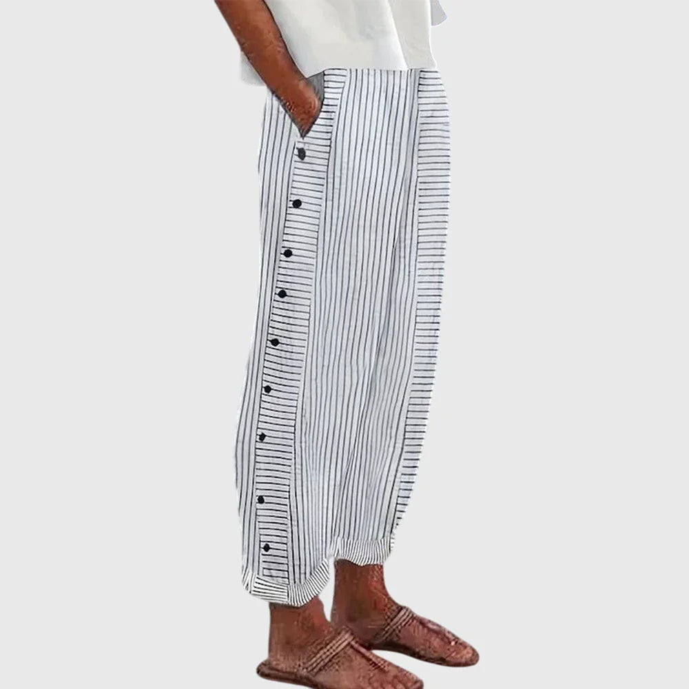 Women’s Striped Button Detail Trousers – Relaxed Fit