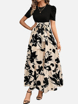 Women’s Floral Midi Dress – Puff Sleeve Belted Waist