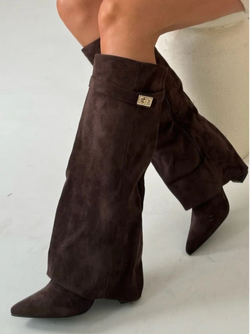 Women’s Suede Fold-Over Boots - Golden Detail
