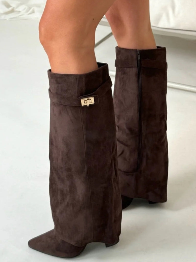 Women’s Suede Fold-Over Boots - Golden Detail