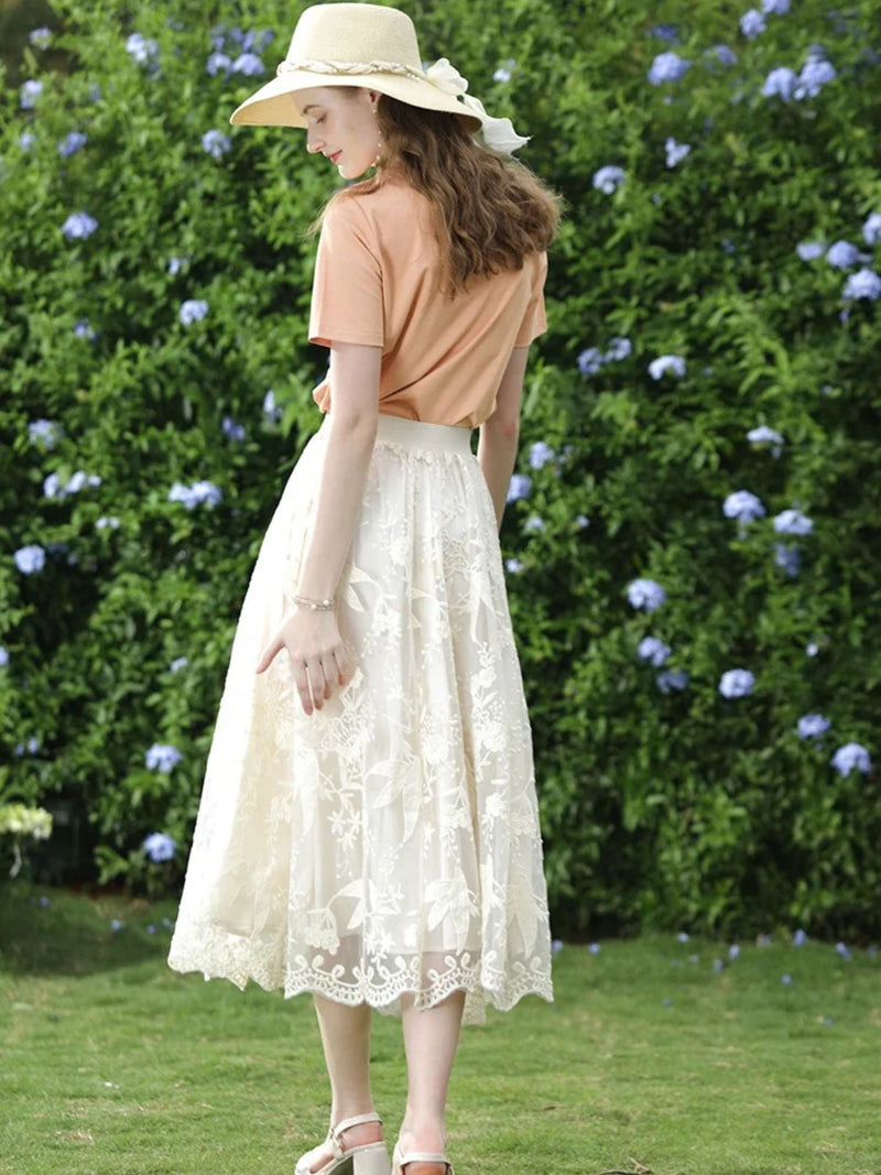 Embroidered Lace Midi Skirt