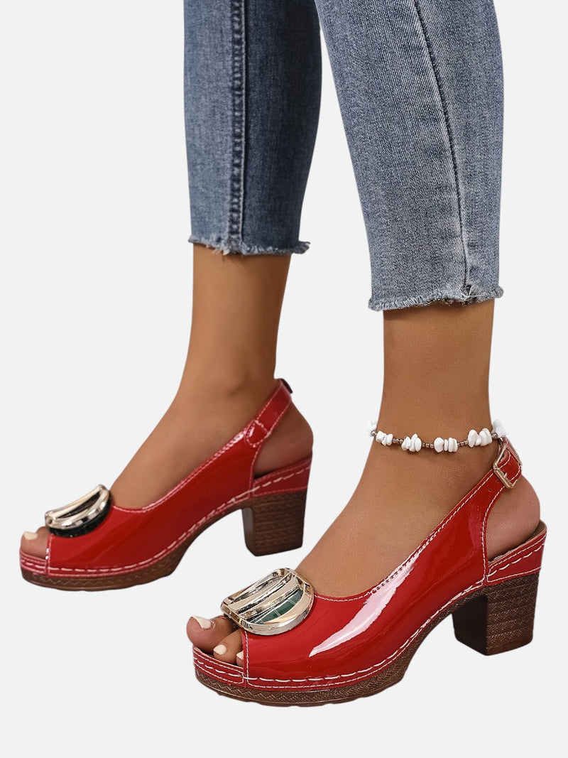 Women’s Comfort Strap Heels - Glossy Leather Look Style