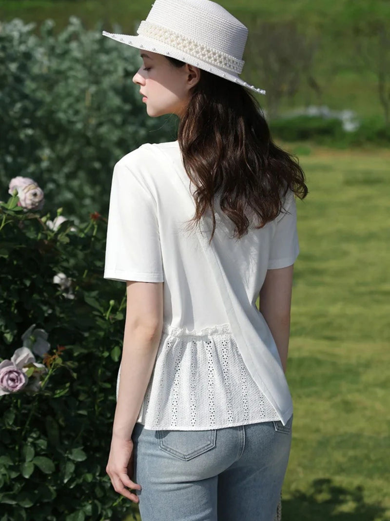 Pleated T-Shirt with Eyelet Details