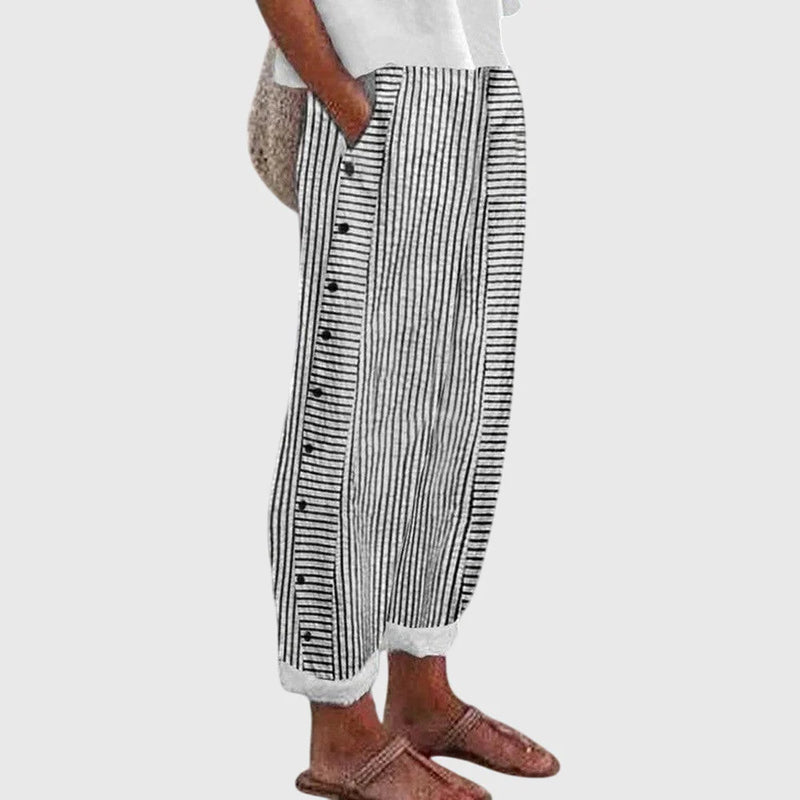 Women’s Striped Button Detail Trousers - Relaxed Fit