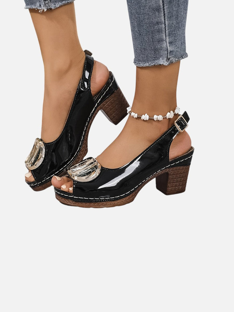 Women’s Comfort Strap Heels - Glossy Leather Look Style