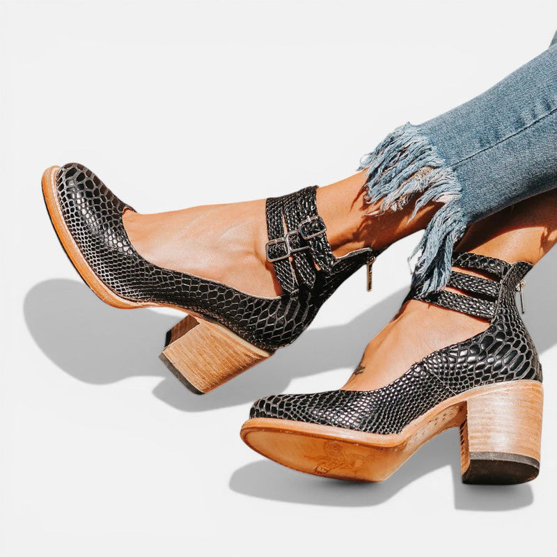Women's Block Heel Ankle Boots - Buckle Strap Comfort