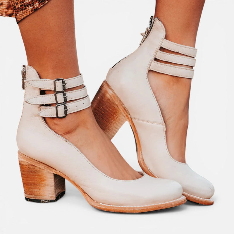 Women's Block Heel Ankle Boots - Buckle Strap Comfort