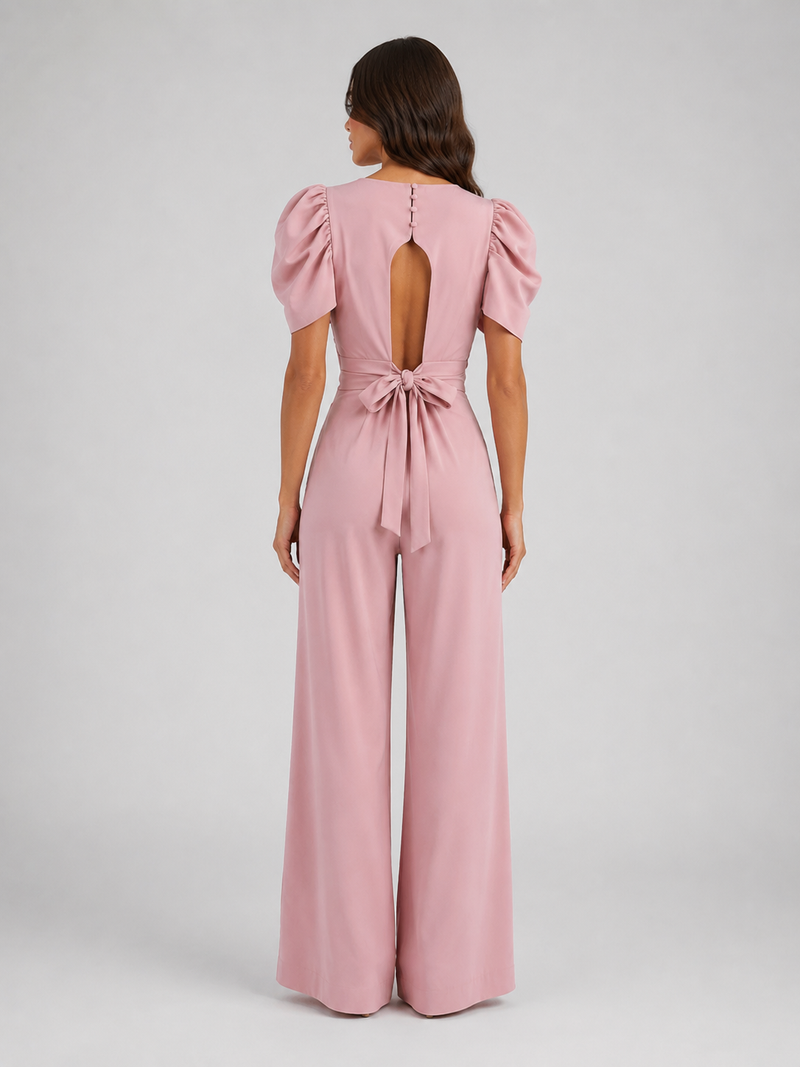 Women's Puff Sleeve Wide Leg Jumpsuit - Tailored Formal Style