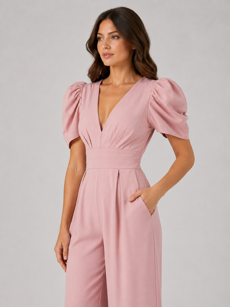 Women's Puff Sleeve Wide Leg Jumpsuit - Tailored Formal Style