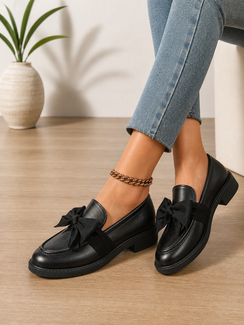 Women’s Leather Loafers - Bow Detail Classic Slip-On