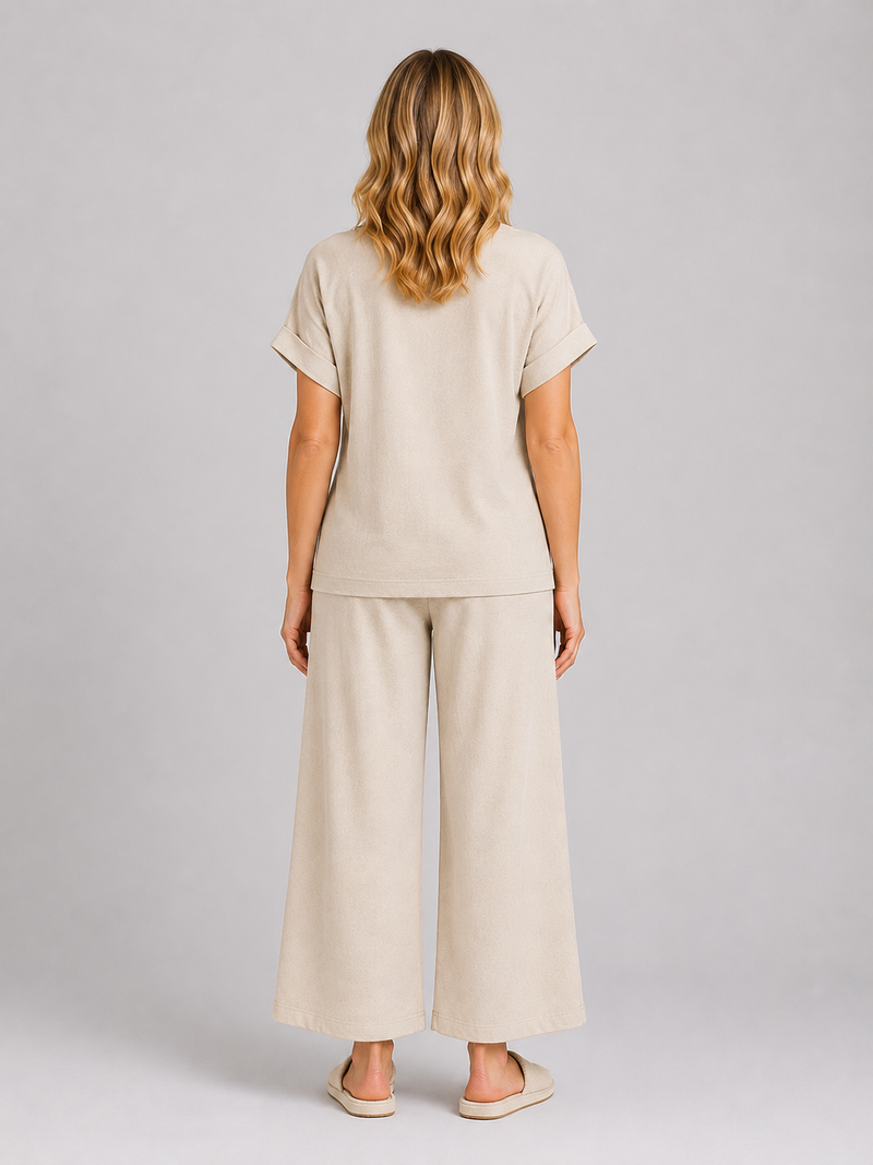 Women's Wide Leg Trouser Co-Ord Set - Crochet Detail Top & Trousers