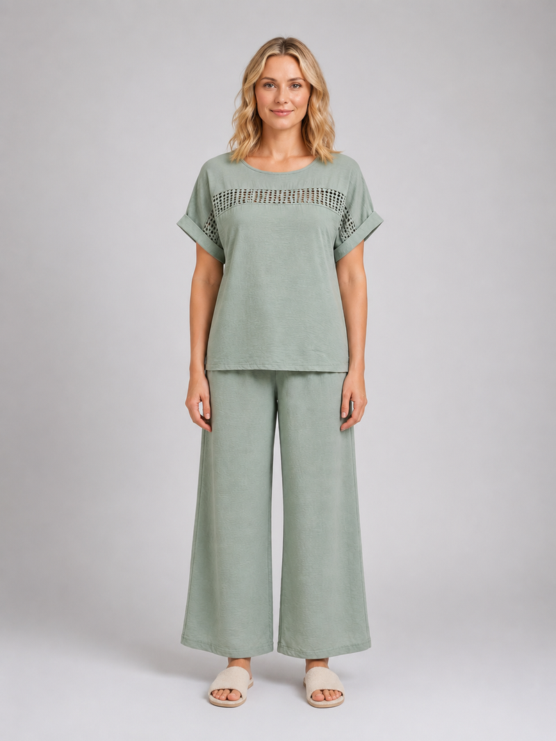 Women's Wide Leg Trouser Co-Ord Set - Crochet Detail Top & Trousers