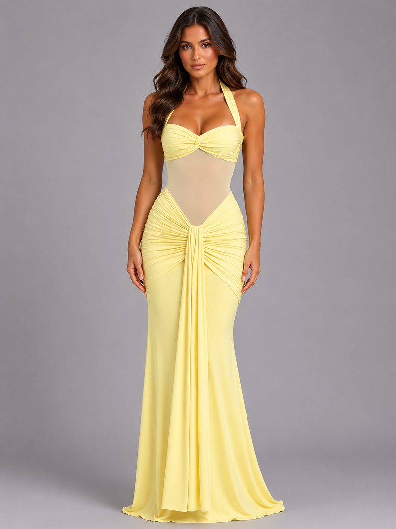 Women’s Halter Mesh Maxi Dress - Ruched Occasion Gown