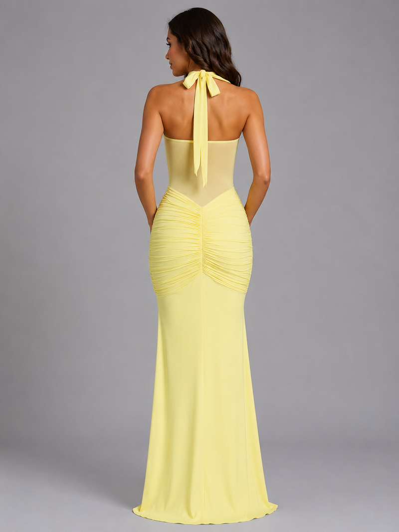 Women’s Halter Mesh Maxi Dress - Ruched Occasion Gown