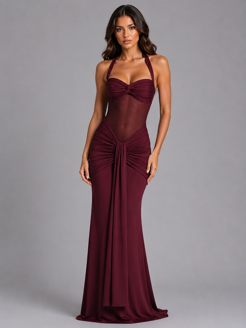 Women’s Halter Mesh Maxi Dress - Ruched Occasion Gown