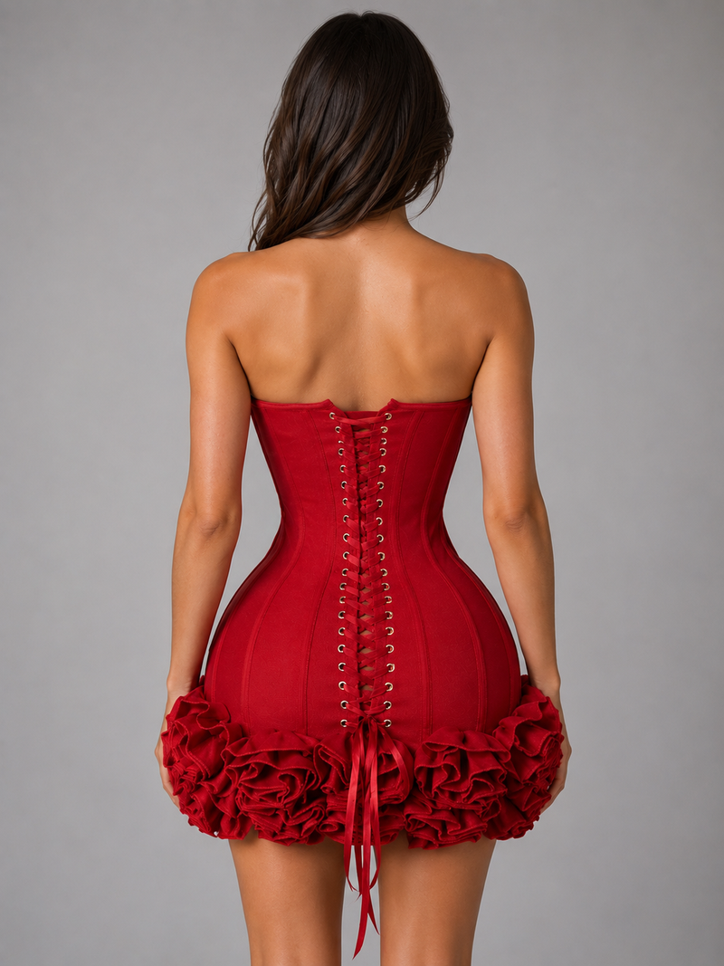 Women’s Strapless Corset Mini Dress - 3D Floral Appliqué Party Style
