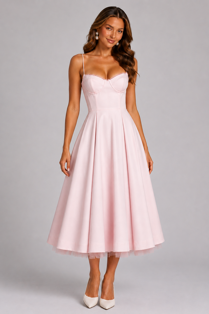 Seraphina | Corset Spaghetti Strap Midi Wedding Guest Dress