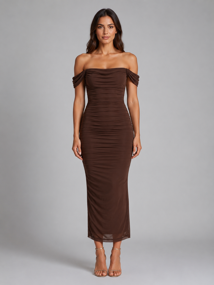 Women's Off-Shoulder Ruched Maxi Dress - Wedding Guest Gown