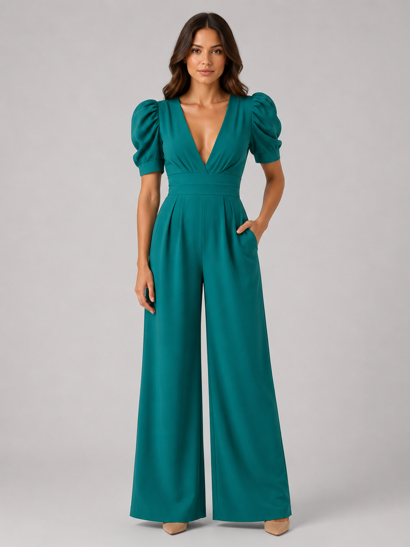 Women's Puff Sleeve Wide Leg Jumpsuit - Tailored Formal Style