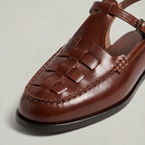 Women's Woven Leather Slingback Sandals - Flat Buckle T-Bar Loafer Sandals