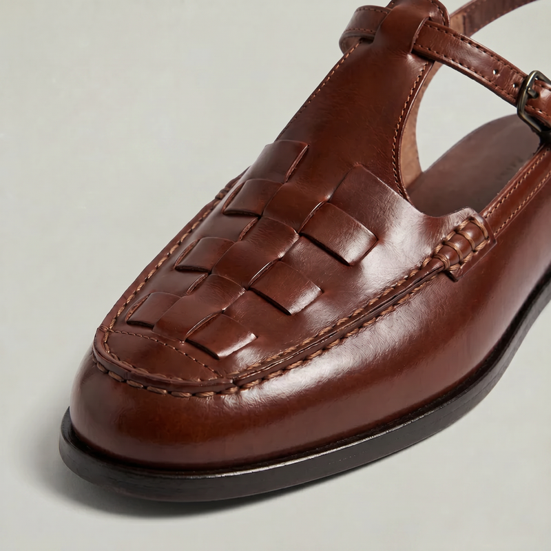 Women's Woven Leather Slingback Sandals - Flat Buckle T-Bar Loafer Sandals