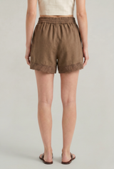 Women's Linen Lace Trim Drawstring Elastic Waist Shorts