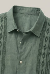 Men's Green Embroidered Shirt - Short Sleeve Aztec Print Button Up Summer Shirt