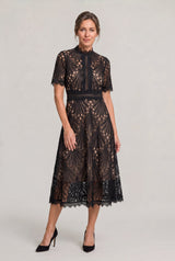 Women’s Elegant Lace Midi Dress – High Neck Silhouette with Refined Cutwork Detail