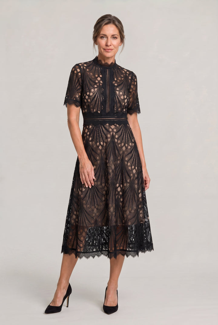 Women’s Elegant Lace Midi Dress - High Neck Silhouette with Refined Cutwork Detail