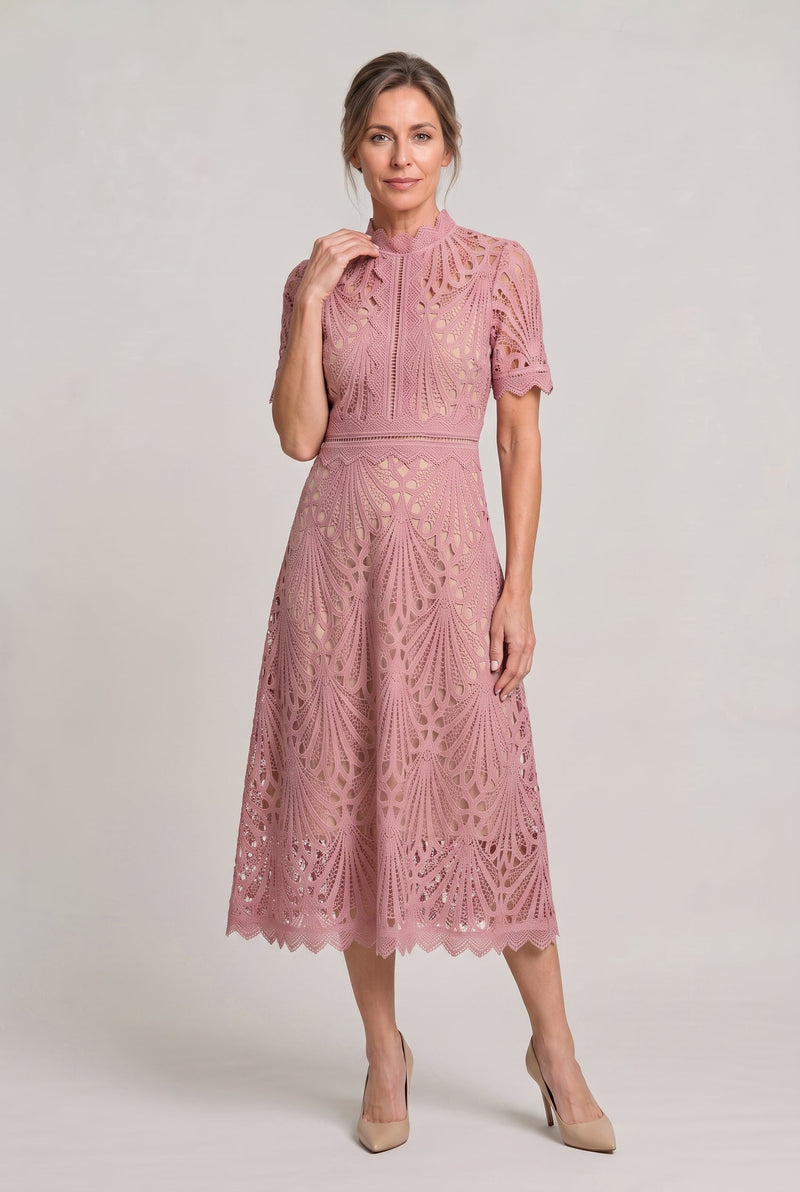 Women’s Elegant Lace Midi Dress - High Neck Silhouette with Refined Cutwork Detail