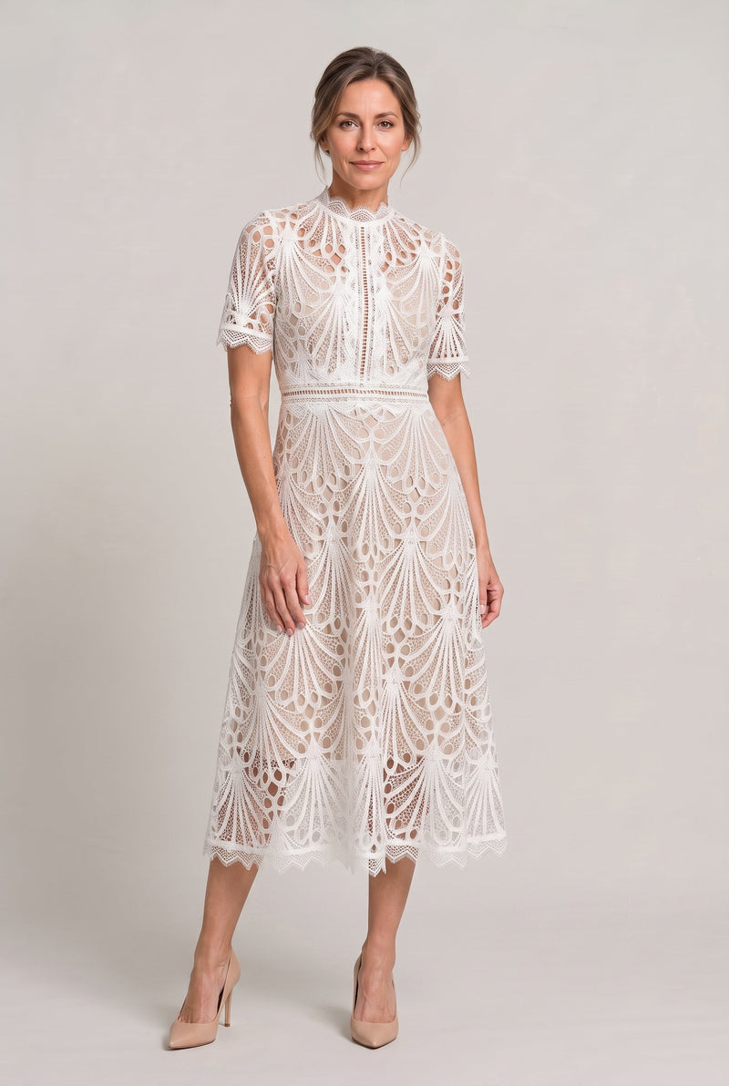 Women’s Elegant Lace Midi Dress - High Neck Silhouette with Refined Cutwork Detail