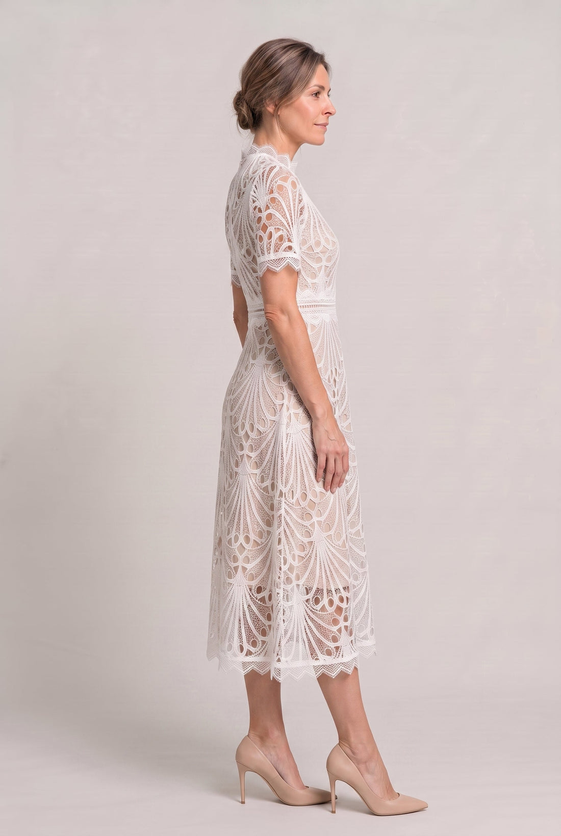 Women’s Elegant Lace Midi Dress – High Neck Silhouette with Refined Cutwork Detail