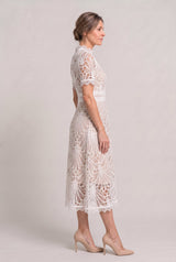 Women’s Elegant Lace Midi Dress – High Neck Silhouette with Refined Cutwork Detail
