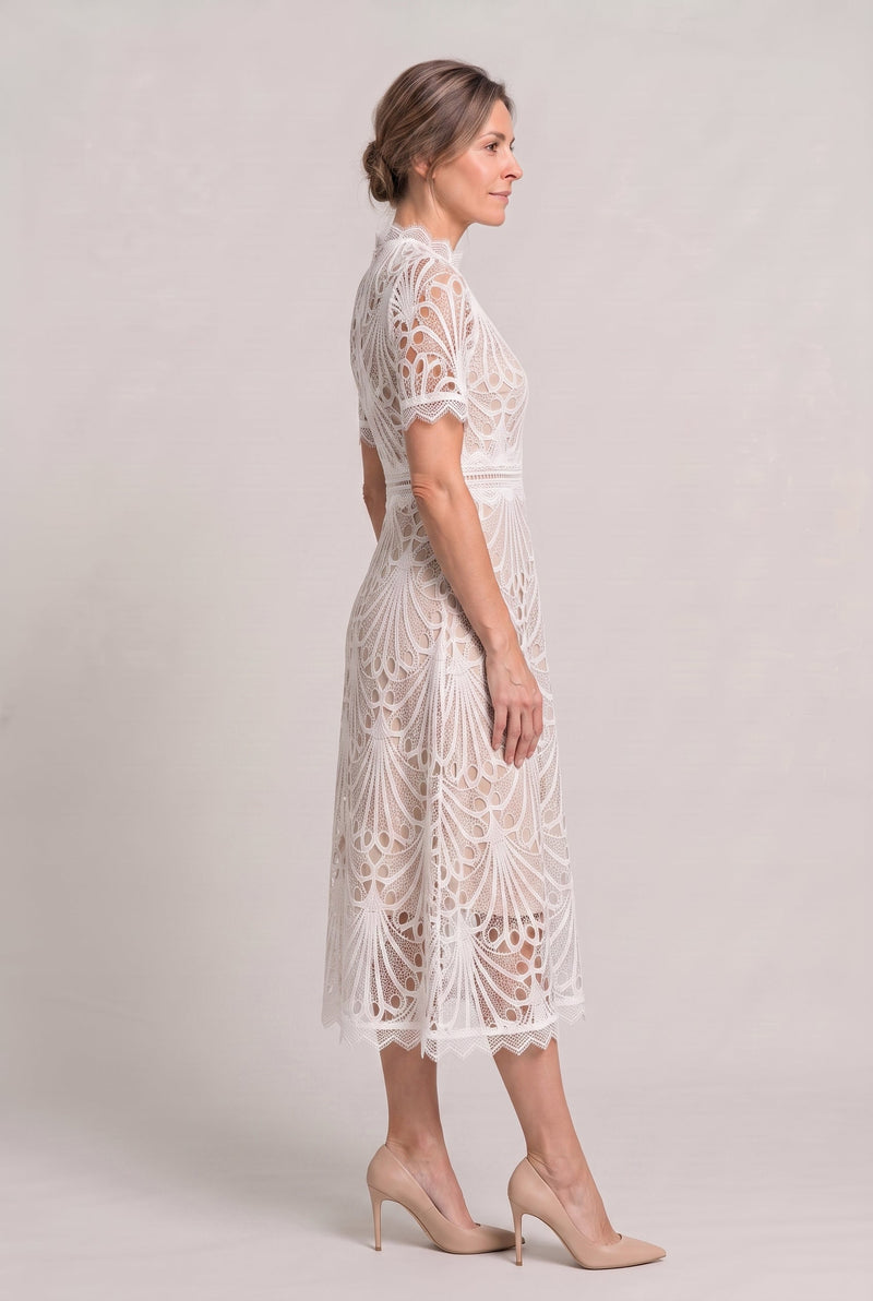 Women’s Elegant Lace Midi Dress - High Neck Silhouette with Refined Cutwork Detail
