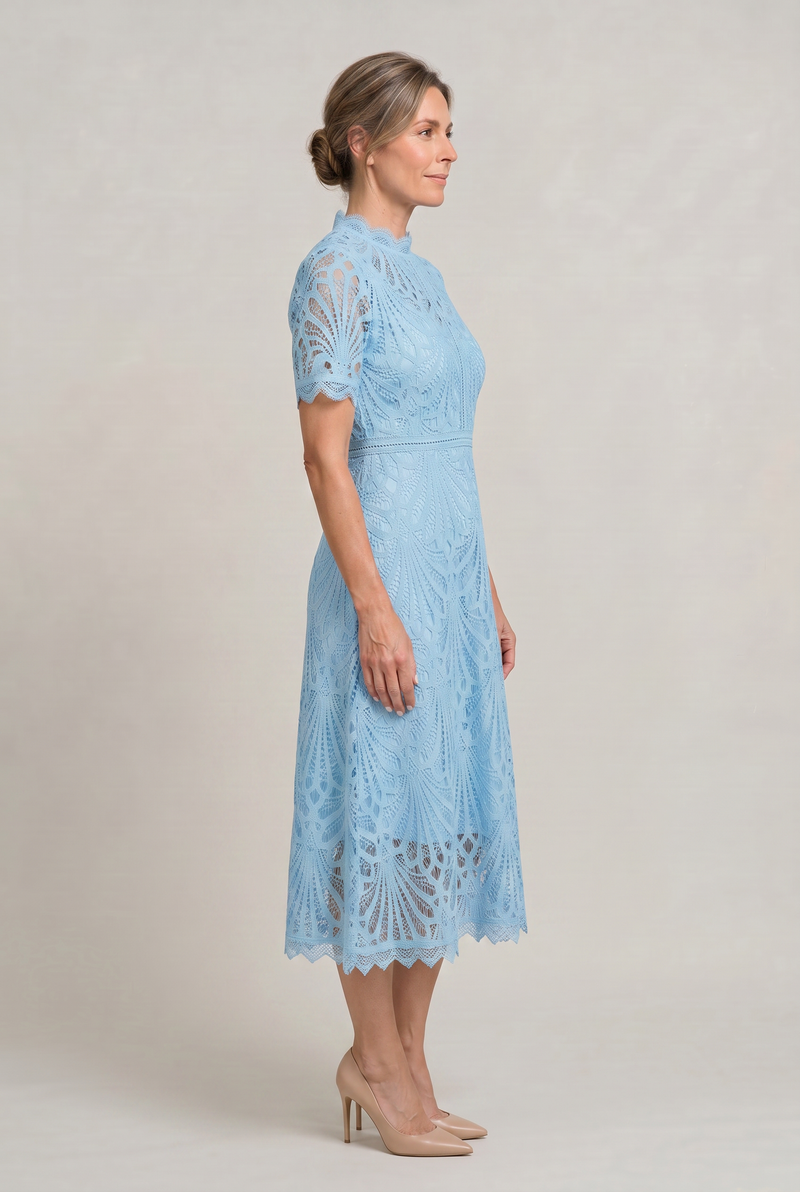 Women’s Elegant Lace Midi Dress - High Neck Silhouette with Refined Cutwork Detail