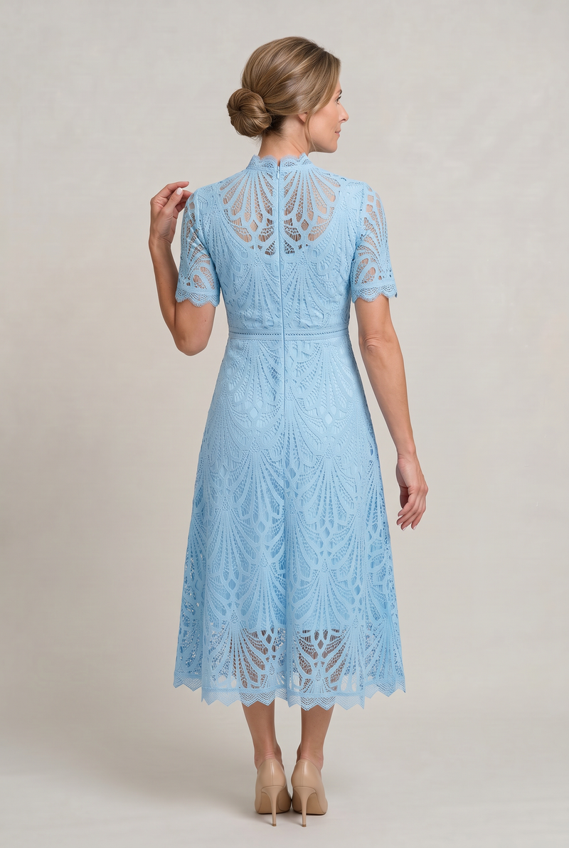 Women’s Elegant Lace Midi Dress - High Neck Silhouette with Refined Cutwork Detail