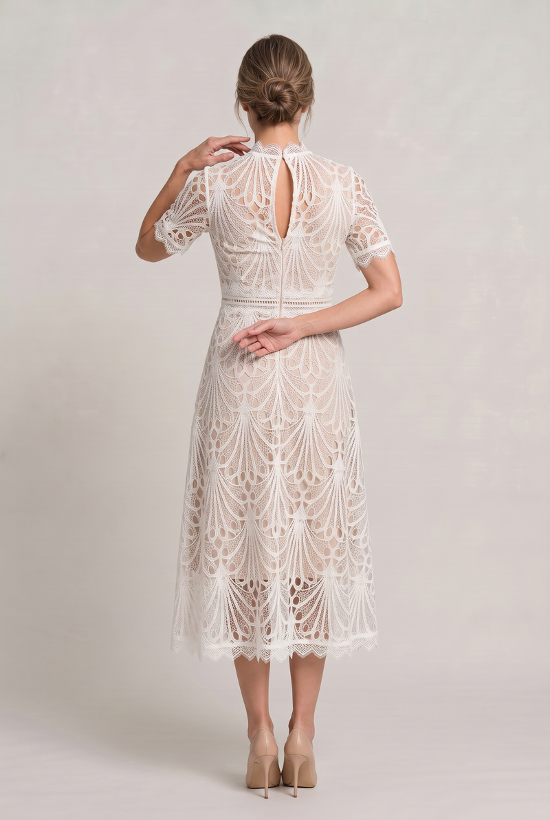 Women’s Elegant Lace Midi Dress - High Neck Silhouette with Refined Cutwork Detail