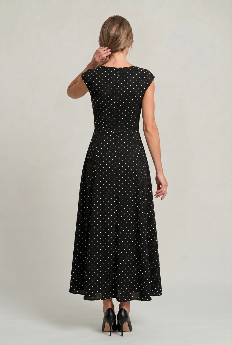 Women’s Polka Dot Maxi Dress - Cap Sleeve Waist Detail Summer Dress