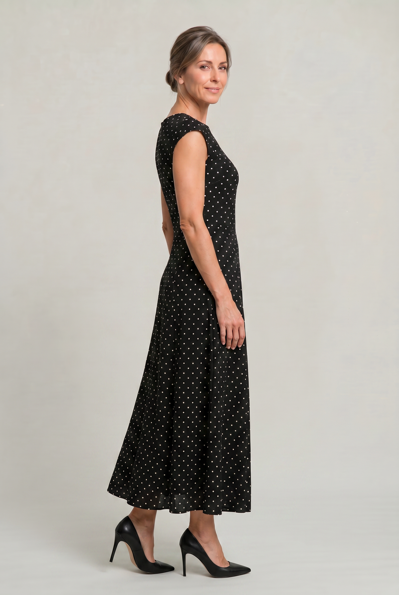 Women’s Polka Dot Maxi Dress - Cap Sleeve Waist Detail Summer Dress