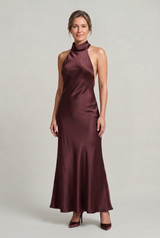 Women's Satin Halter Maxi Dress - Open Back Cowl Neck Formal Evening Gown
