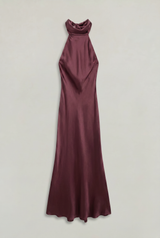 Women's Satin Halter Maxi Dress - Open Back Cowl Neck Formal Evening Gown