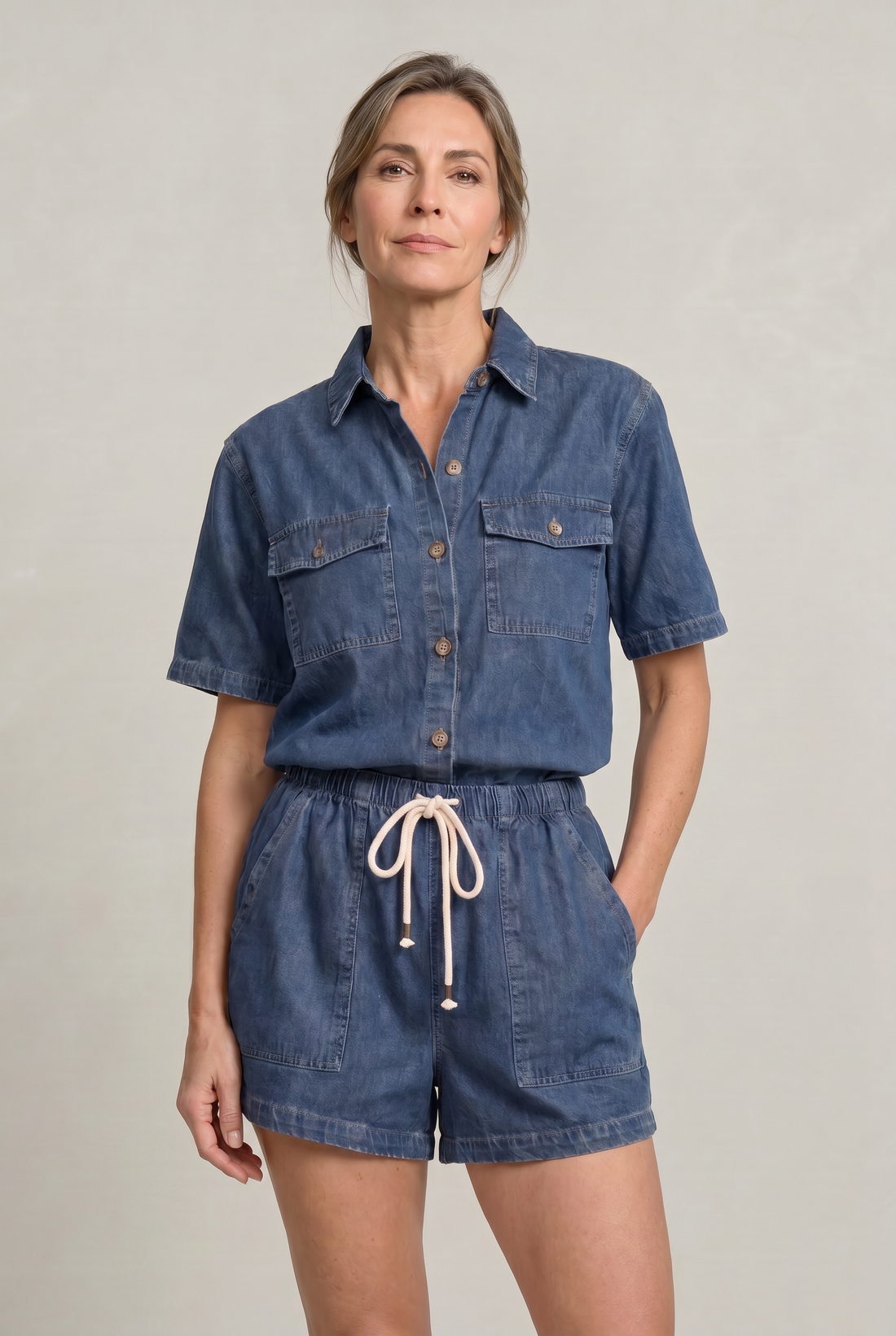 Women's Denim Short Sleeve Shirt and Shorts Two Piece Set