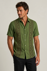 Men's Green Embroidered Shirt - Short Sleeve Aztec Print Button Up Summer Shirt