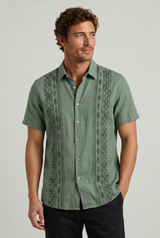 Men's Green Embroidered Shirt - Short Sleeve Aztec Print Button Up Summer Shirt