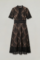 Women’s Elegant Lace Midi Dress – High Neck Silhouette with Refined Cutwork Detail