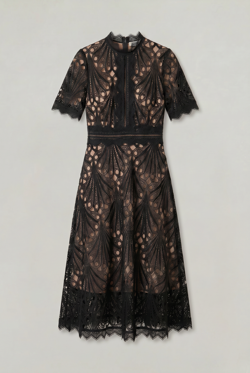 Women’s Elegant Lace Midi Dress - High Neck Silhouette with Refined Cutwork Detail