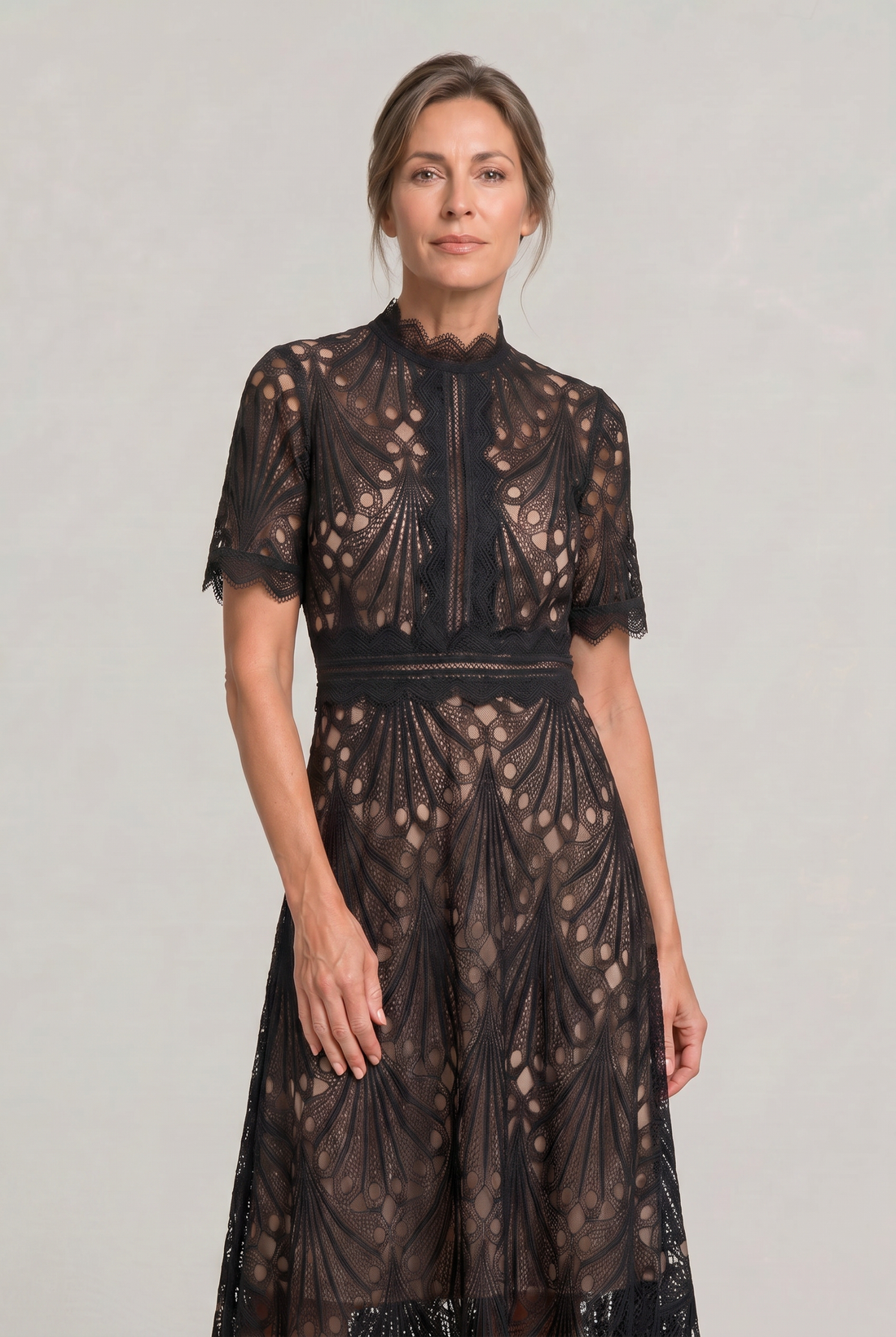 Women’s Elegant Lace Midi Dress – High Neck Silhouette with Refined Cutwork Detail