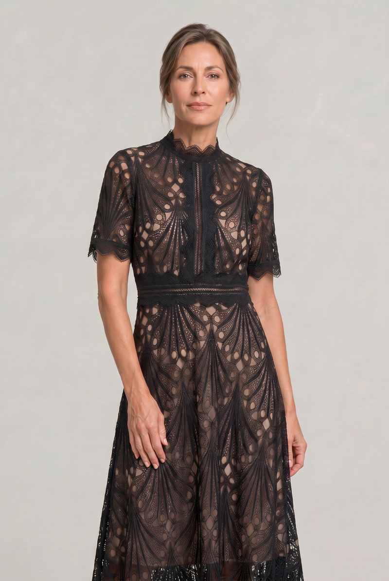 Women’s Elegant Lace Midi Dress - High Neck Silhouette with Refined Cutwork Detail