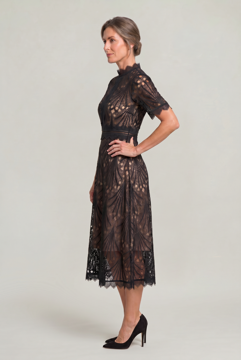 Women’s Elegant Lace Midi Dress - High Neck Silhouette with Refined Cutwork Detail